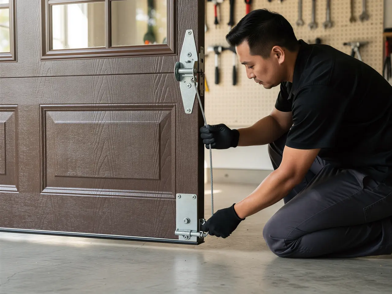 A technician in black gloves works on the bottom of a brown garage door.