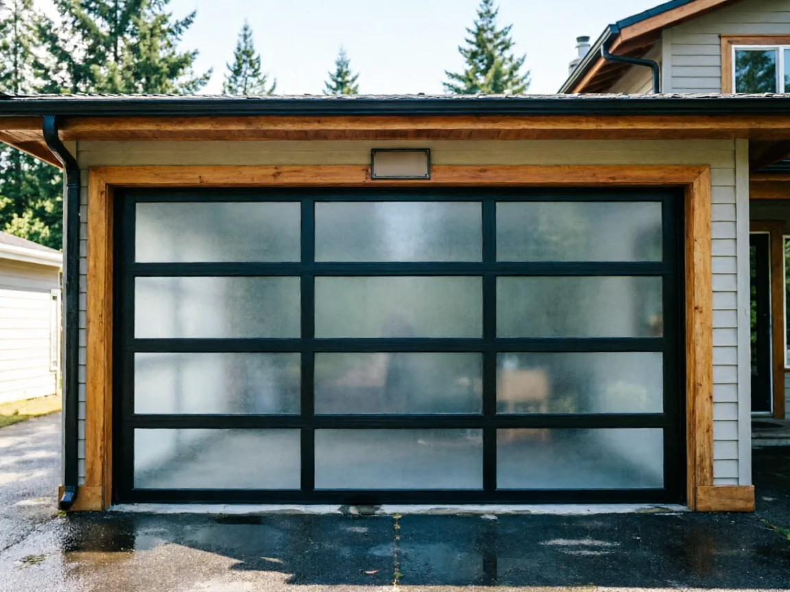 A modern garage door with frosted glass panels and a black frame is on a house.
