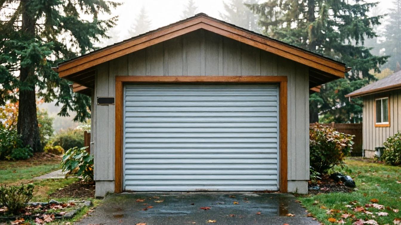 A light gray garage with a closed gray roll-up garage door.