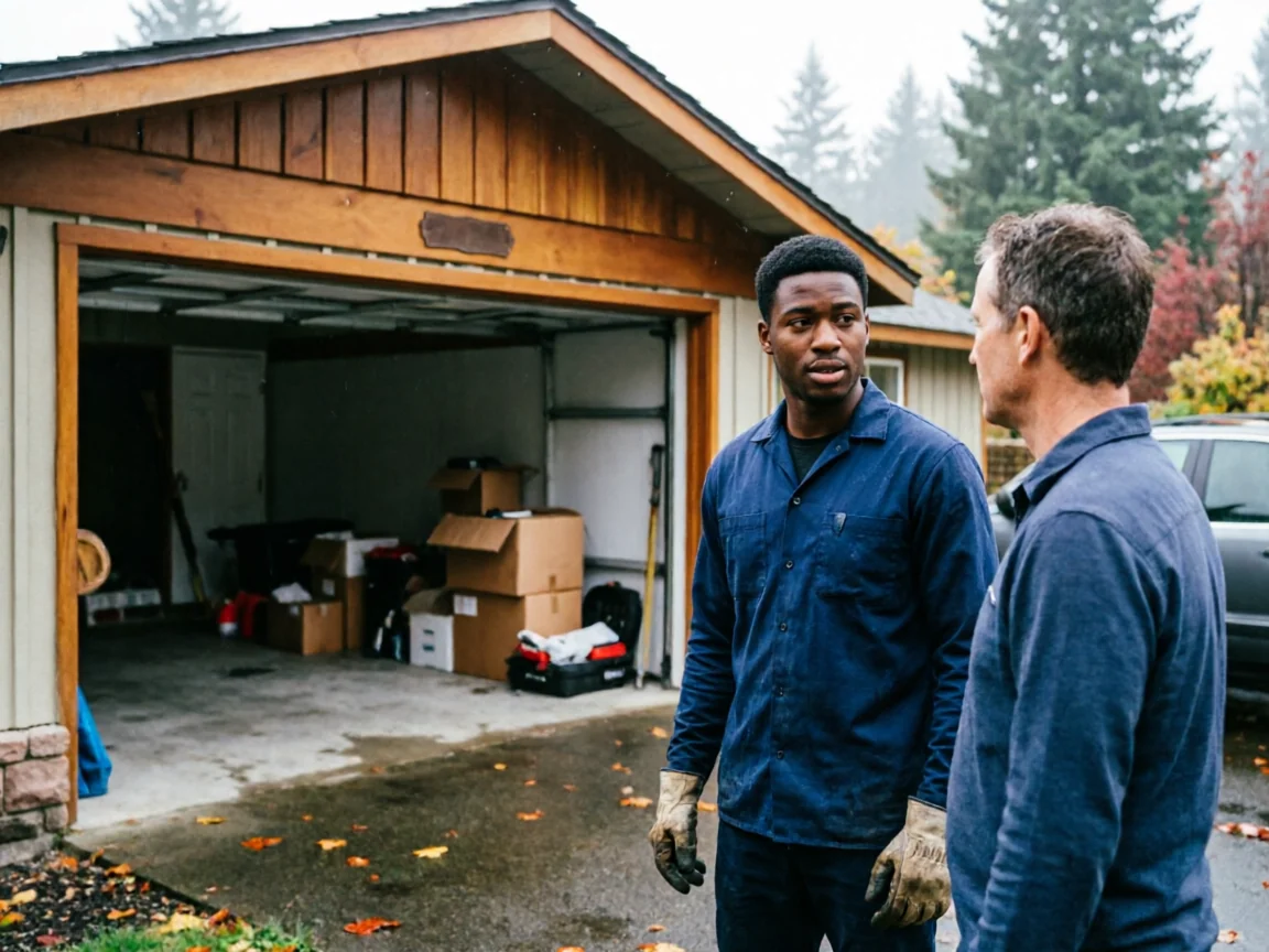 Two technicians in blue shirts stand outside an open garage filled with boxes.