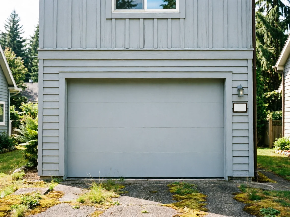 A light gray garage door is closed on a light gray house.