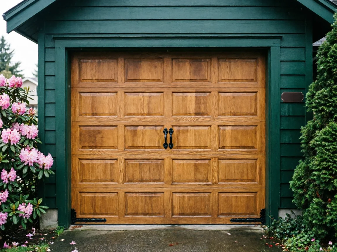 A wooden garage door with decorative black hardware is set in a green garage.